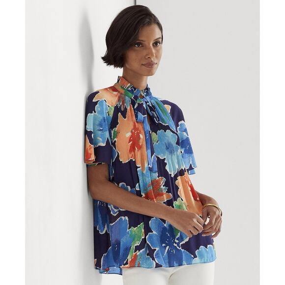 Ralph Lauren Floral Pleated Crinkle Georgette Top 3X Flutter Sleeve V-Neck Flowy - Picture 1 of 11